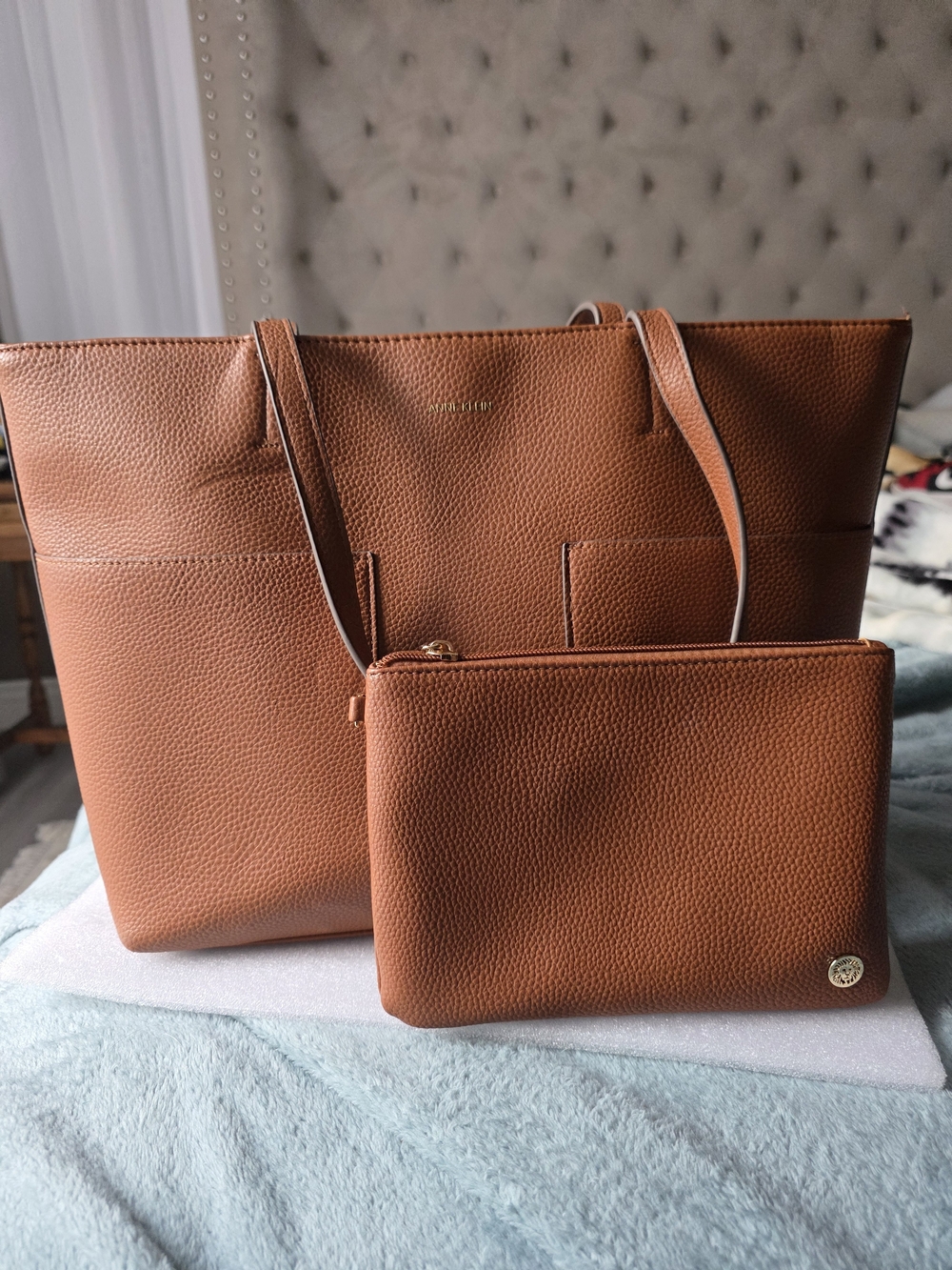Anne Klein Caramel Pebble Leather Tote Bag with Matching Zip Pouch Set - Picture 3 of 16